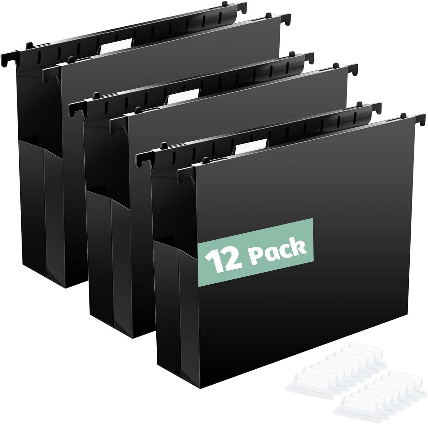 Extra Capacity Plastic Hanging File Folders,12 Pack Reinforced Hang Folders Letter Size,Accordian Pocket,Heavy Duty 2 Inch Expansion,Hard Hanging Folder Organizer for Office Home,Black