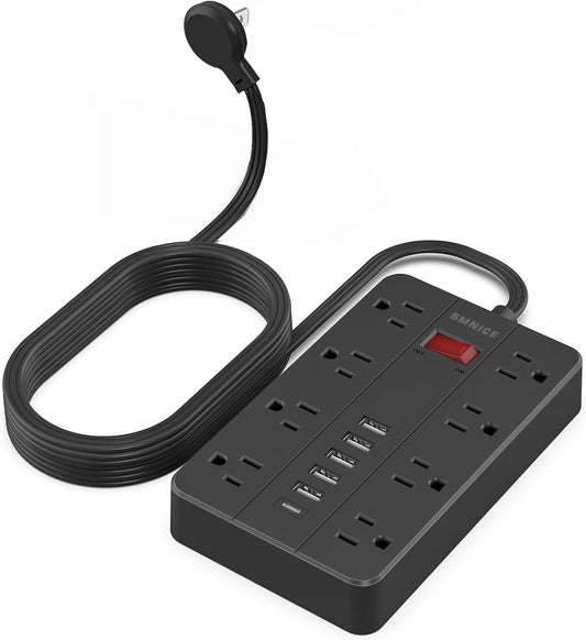 10 Ft Extension Cord Surge Protector, SMNICE 8 Widely Spaced Outlets and 6 USB (1 USB C) Charging Ports Flat Plug Power Strip, Desktop Power Cord for Travel Home Office Accessories Black