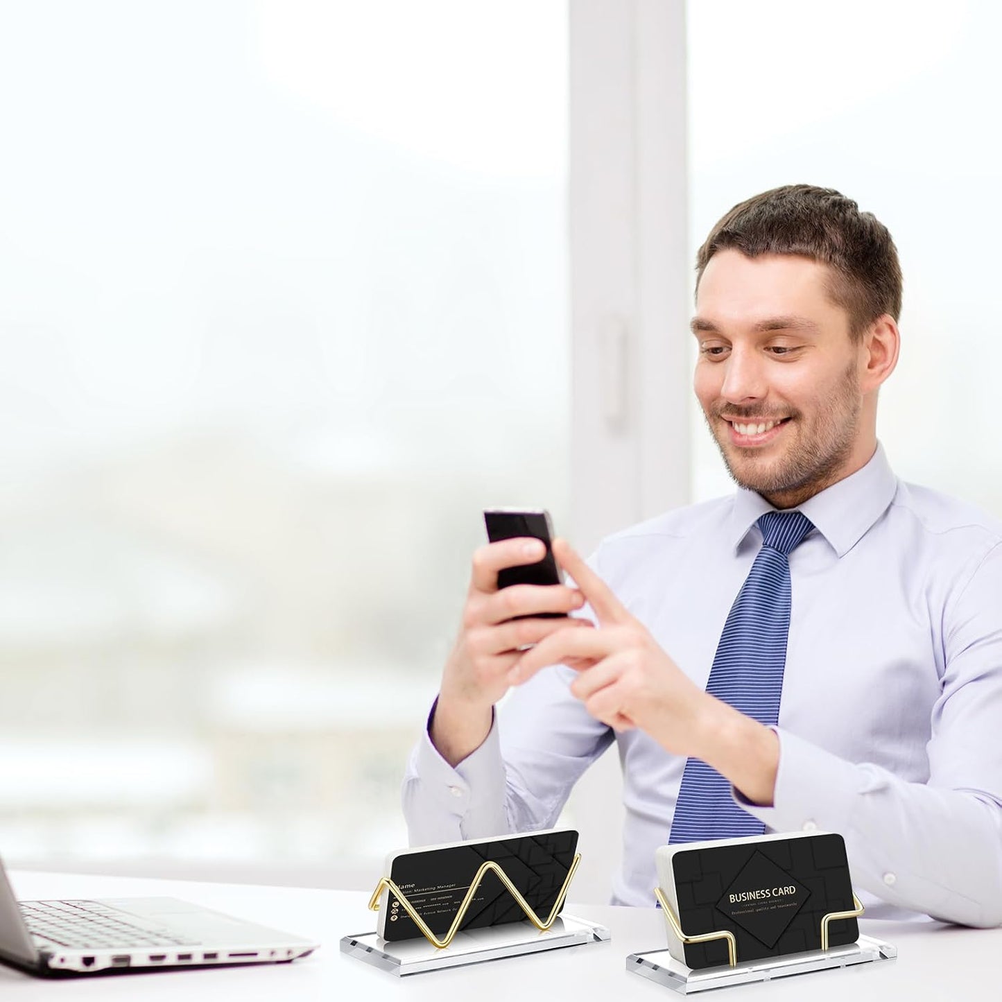 Amyhill 2 Pieces Acrylic Business Card Holder for Desk Clear Horizontal Business Card Display Stand Postcard Holder for Office Home Desktop (Gold)