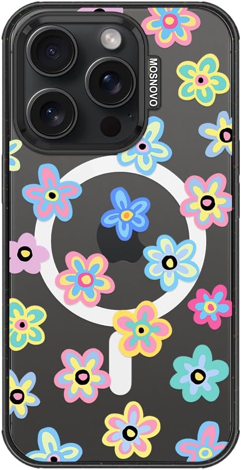 MOSNOVO Magnetic Case for iPhone 15 Pro, 10ft Military-Grade Protection, Compatible with Magsafe, Shockproof Phone Case for iPhone 15 Pro - Groovy Flower - Clear Black