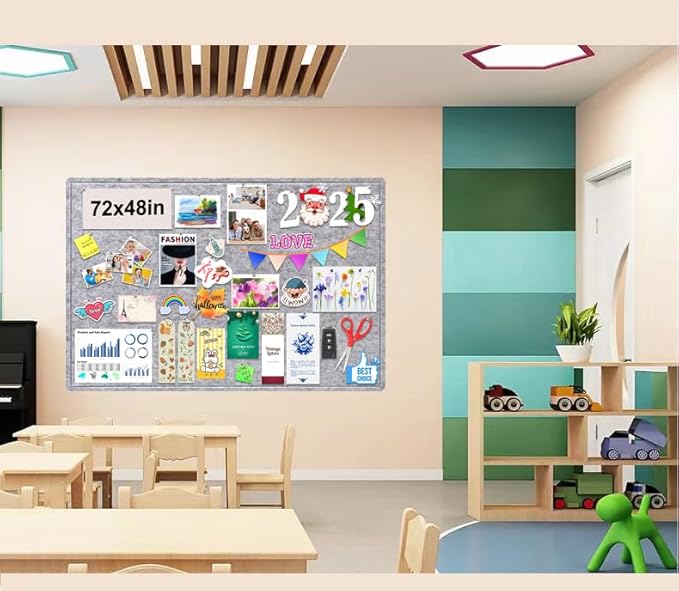 Large Bulletin Board, 72x48 Inches Cork Board Alternative, Large Felt Board Decorative Pin Board for Wall, Foldable Photo Board Self-Adhesive Vision Board with 36 Pushpins Light Gray