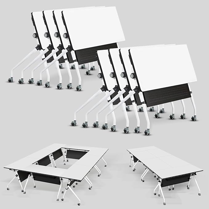 Conference Table, Folding Conference Room Tables, Mobile Training Tables with Silent Wheels, Large Rectangular Modular Seminar Table Office Computer Desks for Classroom White (8Pack L70.9in)