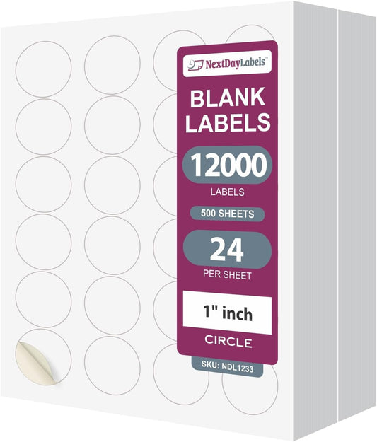 NextDayLabels 1.66 Inch Round Sticker Labels - Matte White Laser/Inkjet Printable Circle Stickers (12000 Sheets, 24 Per Sheet)