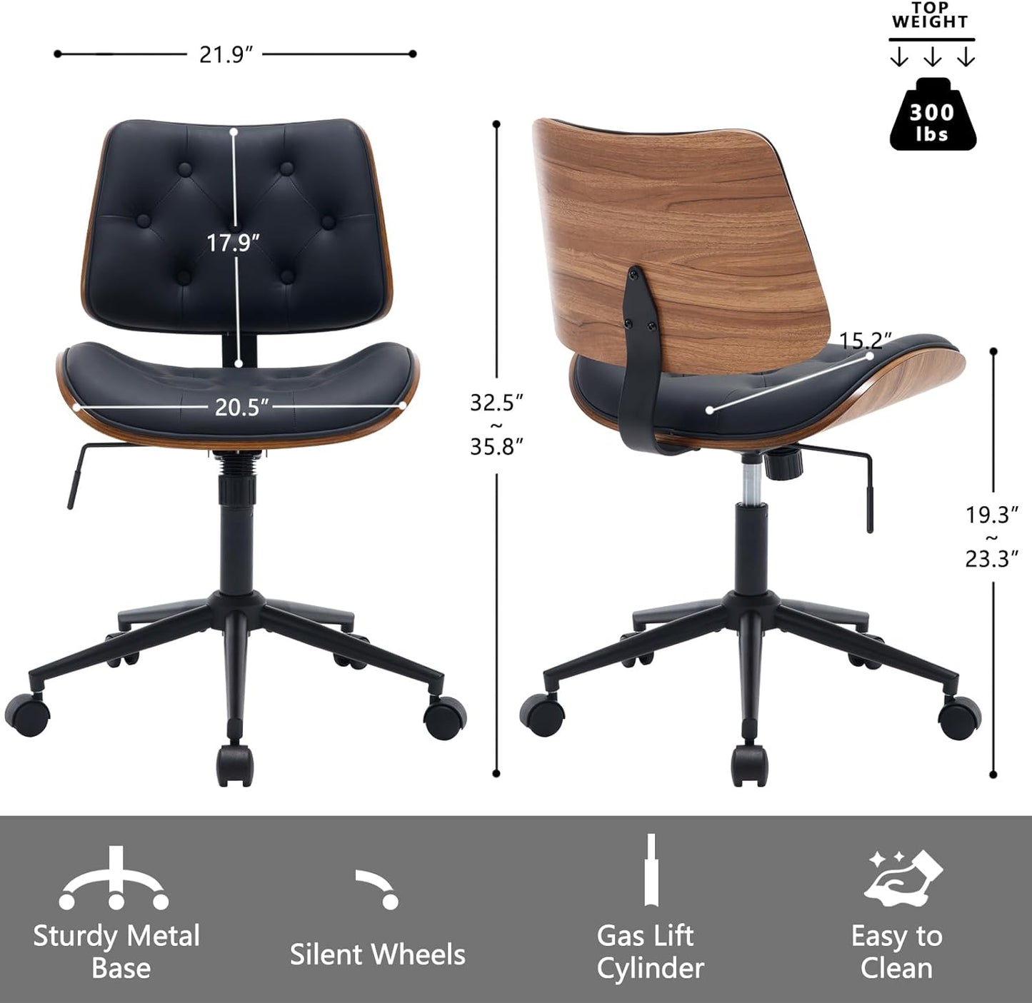 Armless Home Office Chair with Wheels, PU Leather Adjustable Height Computer Desk Chair, 360 Swivel Small No Arms Chair, Modern Button Walnut Style for Office, Reading Meeting Room(Black)