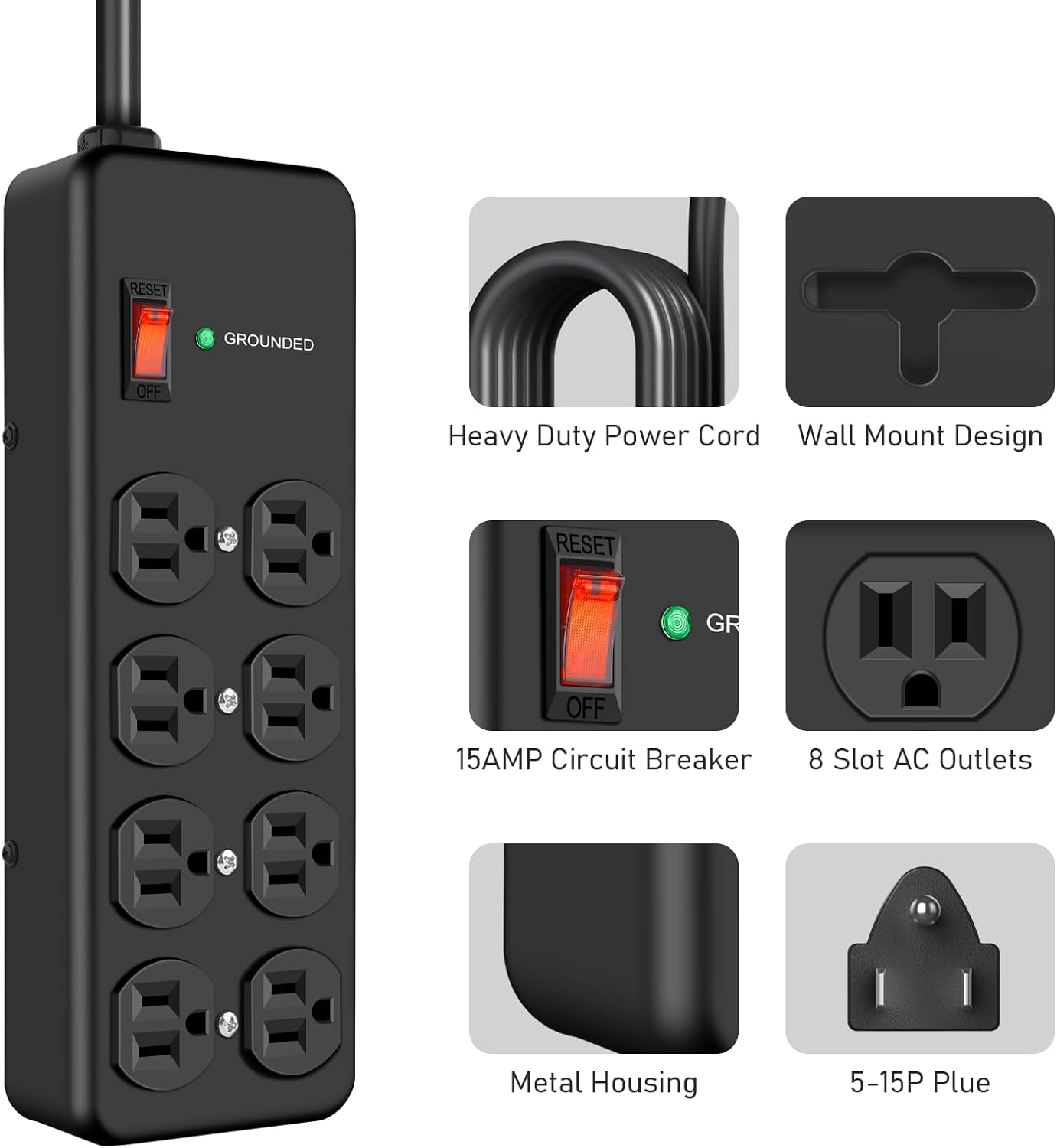 HEZI 8 Outlet Heavy Duty Power Strip, 15Amp Metal Mountable Surge Protector (2700J), Industrial Wall Mount Power Strip for Home, Office, Garage & Workshop, 15FT 14AWG Extension Cord