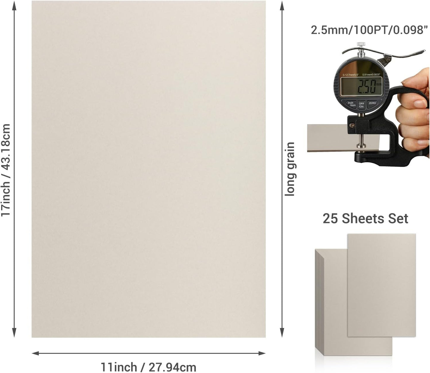 25 Pcs Book Board, Binder Board, Cover Board, Heavy Duty Chipboard for Book Binding, DIY Cardboard (Gray, 11 x 17 Inch 100PT)