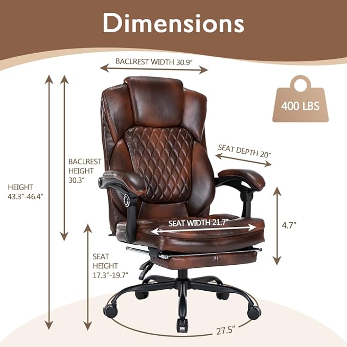 Ergonomic Office Chair with Foot Rest, Executive Chair with Footrest PU Leather Computer Chair, Big and Tall Chair Reclining Desk Chair, Thick Padded Coil Spring Seat, 400 lbs Capacity (Brown)