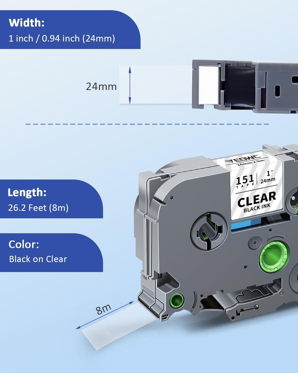 24mm 0.94 Laminated Clear TZe151 TZ Tape Conpatible for Brother TZe-151 P Touch Label TZe Tape 24mm 1 Inch Label Maker Tape for Brother PT-D610BT PT-D600 PT-P710BT PT-P700 PT- P910BT, 4-Pack