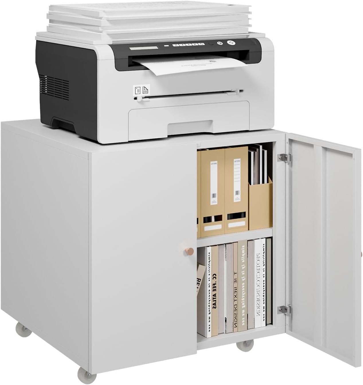 Metal Printer Stand, Large Printer Table with Wheels, Heavy Duty Printer Cabinet Stand, Printer Stand with Storage, Modern Printer Stands for Home Office, Copier, Computer, Fax