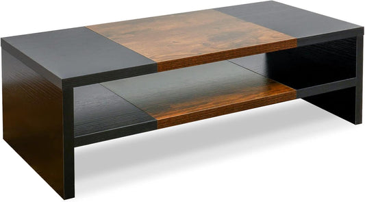 TEAMIX 2 Tiers Desktop Monitor Stand Riser 20 Inch Printer Stand with Storage Small TV Riser Laptop Wooden Desk Organizer Shelf Bookshelf (Black+Brown, 2 tiers)