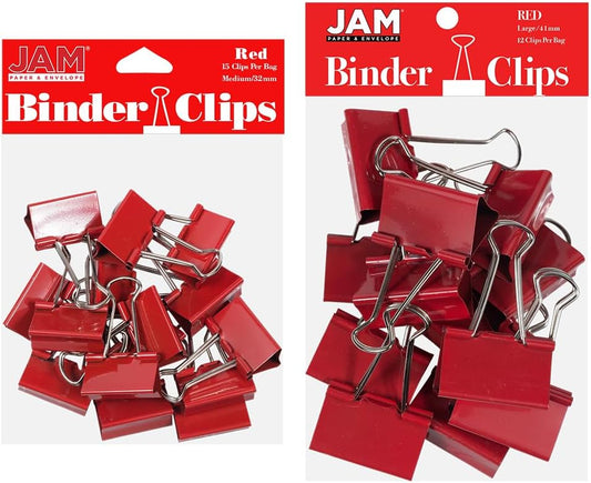 JAM PAPER Colorful Binder Clips Assortment - Medium & Large Size - Red Binderclips - 27 Clips/Pack