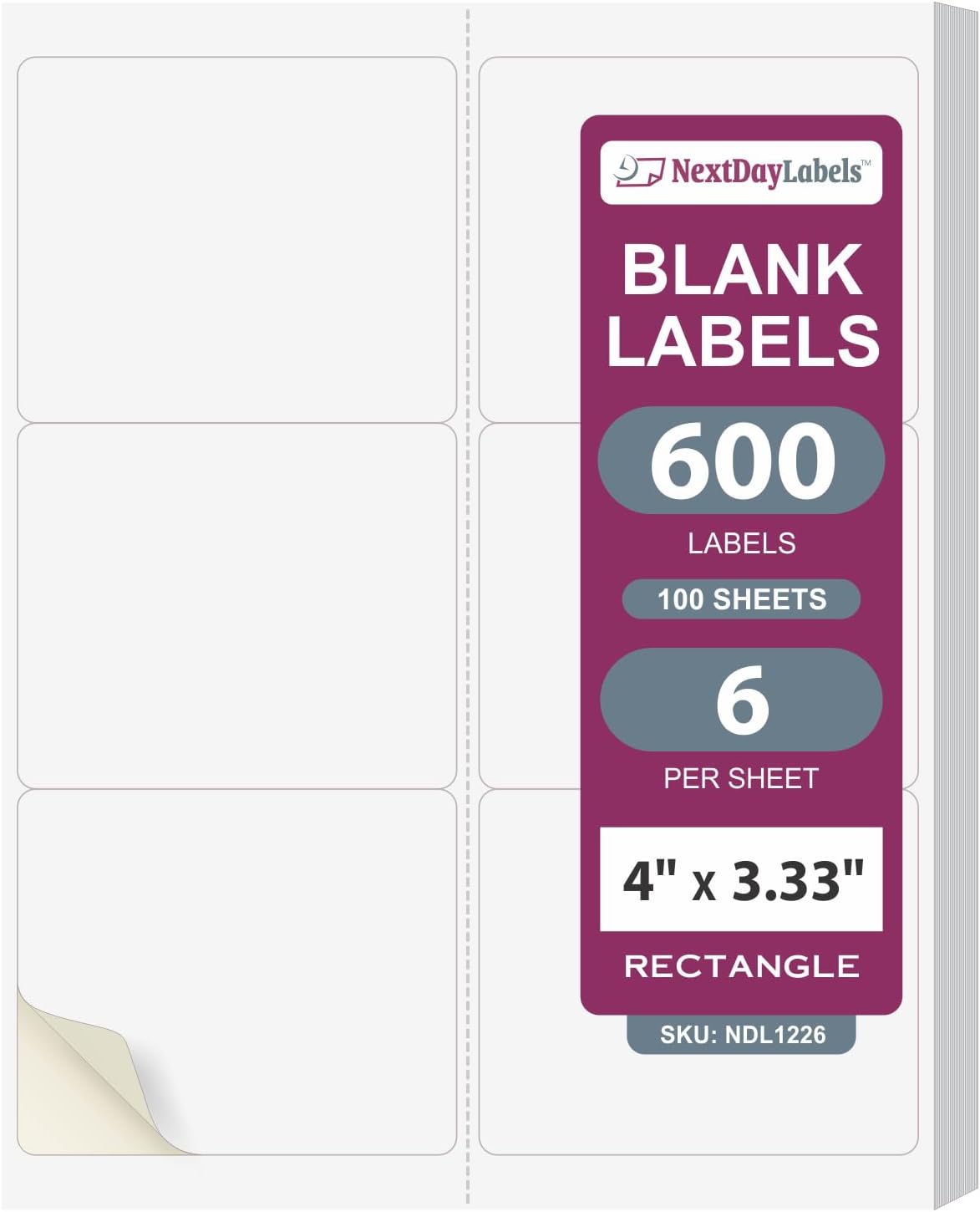 NextDayLabels – 4" x 3-1/3" Rectangular Sticker Labels for Printer - White Laser/Inkjet Printer Labels Return Address Labels Shipping Label Stickers (100 Sheets, 6 Per Sheet, 600 Labels)