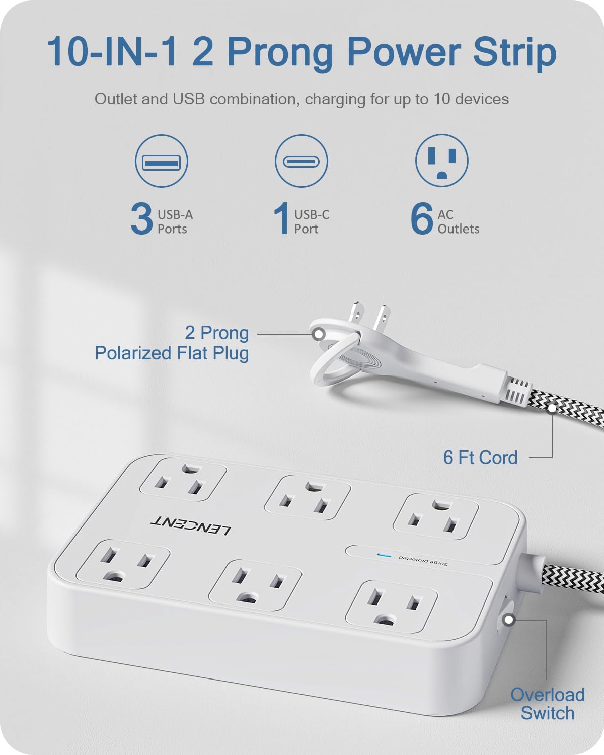 LENCENT 2 Prong Power Strip, 3 to 2 Prong Outlet Adapter, 1050J Surge Protector, 6ft Braided Extension Cord with Thin Flat Polarized Plug, 6 AC & 4 USB (1 Type-C), Wall Mount for Non-Grounded Outlet