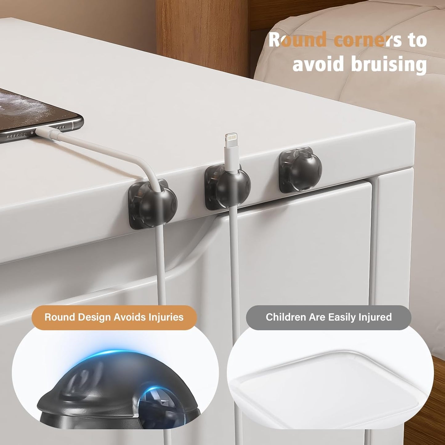 Cord Holder Organizer 6 Pack, [1-Handed-Operation] Magnetic Cable Clips, Phone Cord Clips Holder with 2 Extra Reusable Strong Adhesive for Nightstand Desk Car Workspace Office Accessories, Clear Black