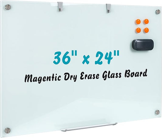 Glass Dry Erase Board, 36 x 24 Inches Magnetic Glass Whiteboard for Wall, 3' x 2' Frameless Board for Office, Home, School