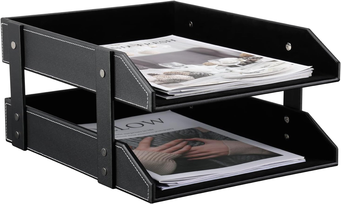 KINGFOM Letter Tray, Leather Paper Organizer Tray, Wooden Desk File Holder, Desktop File, Stackable Magazine Holder, Mail Sorter, Great for Home or Office - 2 Level Black