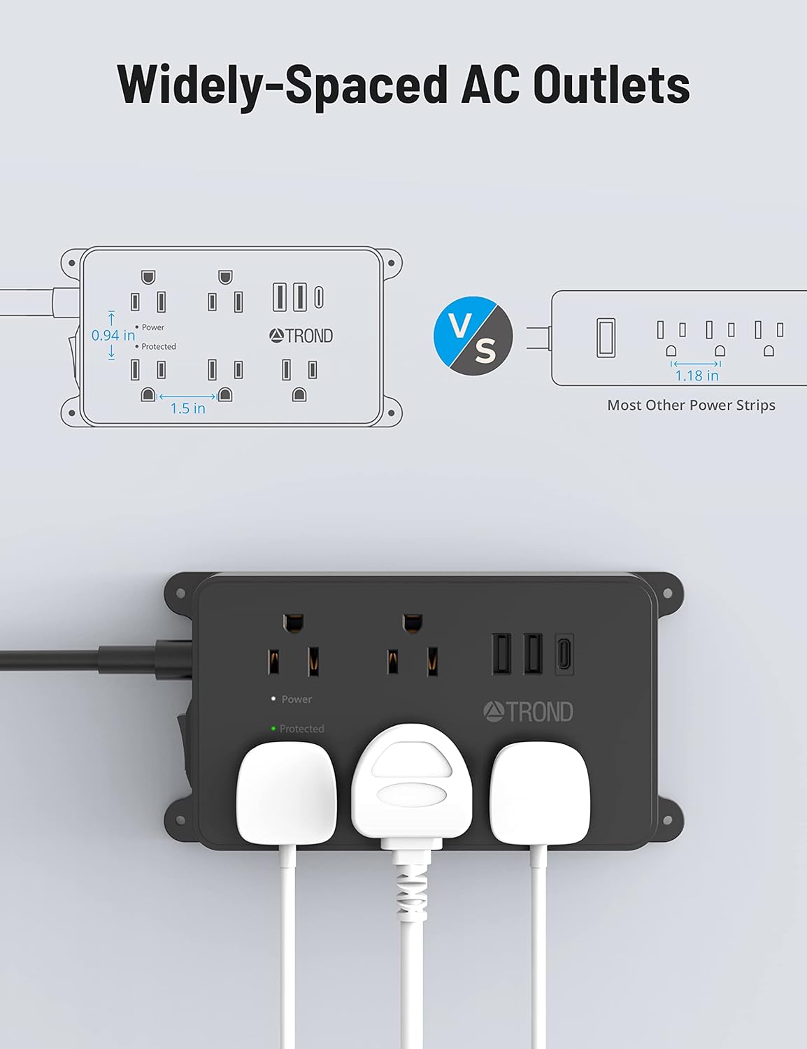 TROND Surge Protector Power Strip, 15ft Long Extension Cord, ETL Listed, 5 Widely Spaced AC Outlets, 2 USB A and 1 USB C, 1300J, Low-Profile Flat Plug, Wall Mountable, for Kitchen Office, Black