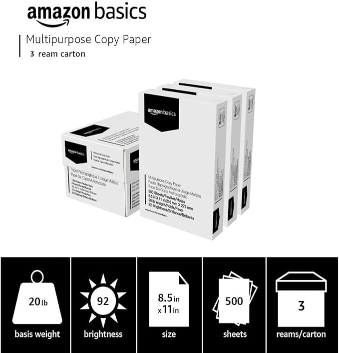 Amazon Basics Multipurpose Copy Printer Paper, 20 lb, 8.5 x 11 Inches, 3 Reams (1,500 Sheets), 92 Bright, White