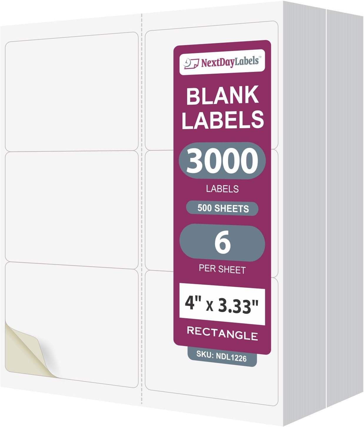 NextDayLabels – 4" x 3-1/3" Rectangular Sticker Labels for Printer - White Laser/Inkjet Printer Labels Return Address Labels Shipping Label Stickers (500 Sheets, 6 Per Sheet, 3000 Labels)