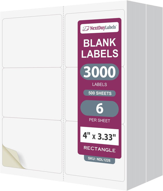 NextDayLabels – 4" x 3-1/3" Rectangular Sticker Labels for Printer - White Laser/Inkjet Printer Labels Return Address Labels Shipping Label Stickers (500 Sheets, 6 Per Sheet, 3000 Labels)