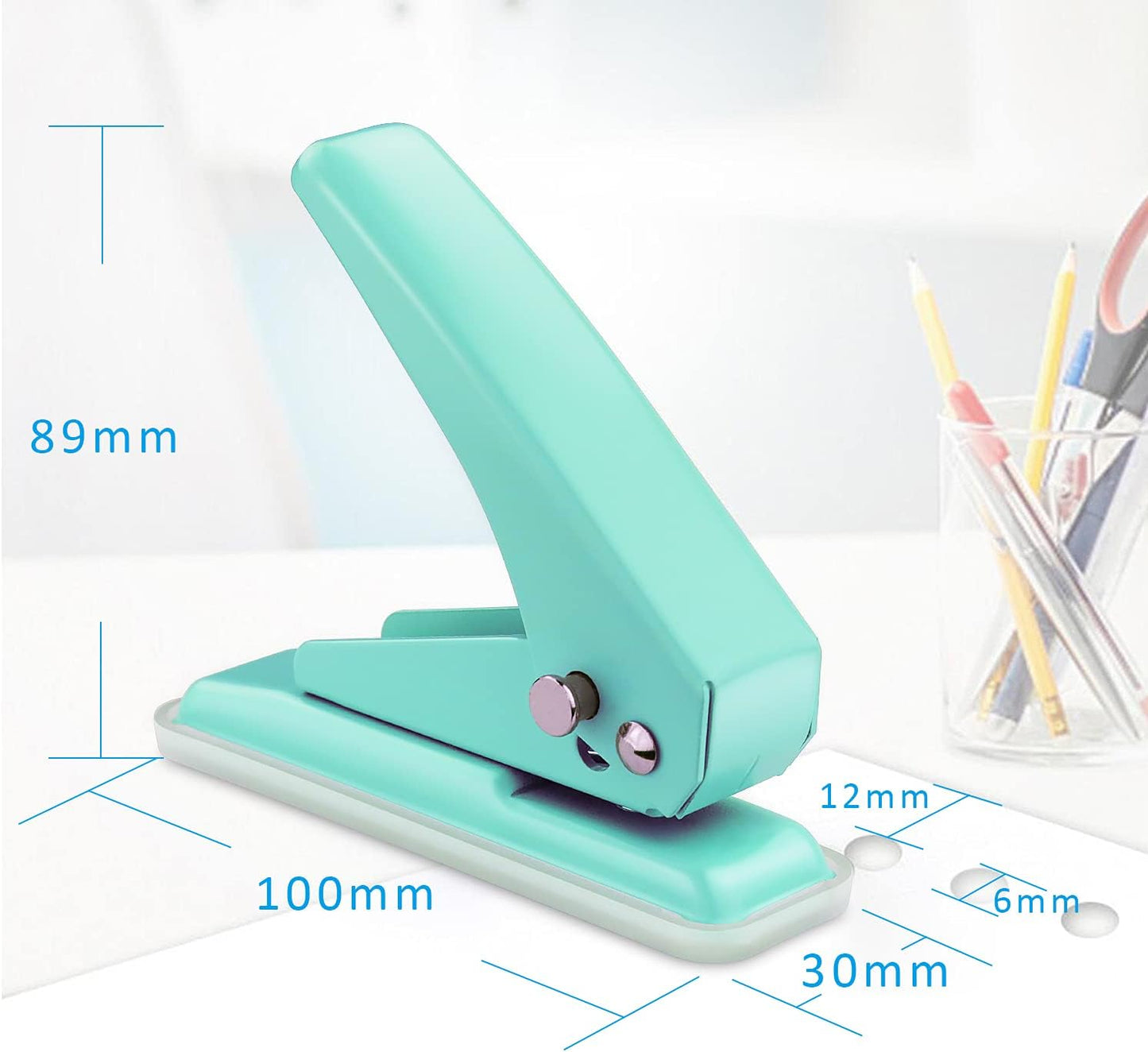 Single Hole Puncher Handheld 1/4 Inches Hole Punch, 20 Sheet Paper Punch Capacity Metal Hole Puncher with Skid-Resistant Base for Paper, Chipboard, Art Project, Green