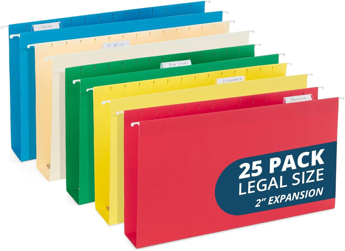 25 Blue Summit Supplies Legal Size Hanging File Folders - Assorted Colors, 2" Expansion, Legal Hanging File Folders for Filing Cabinet, 11PT Paper Stock with Tabs and Inserts Included