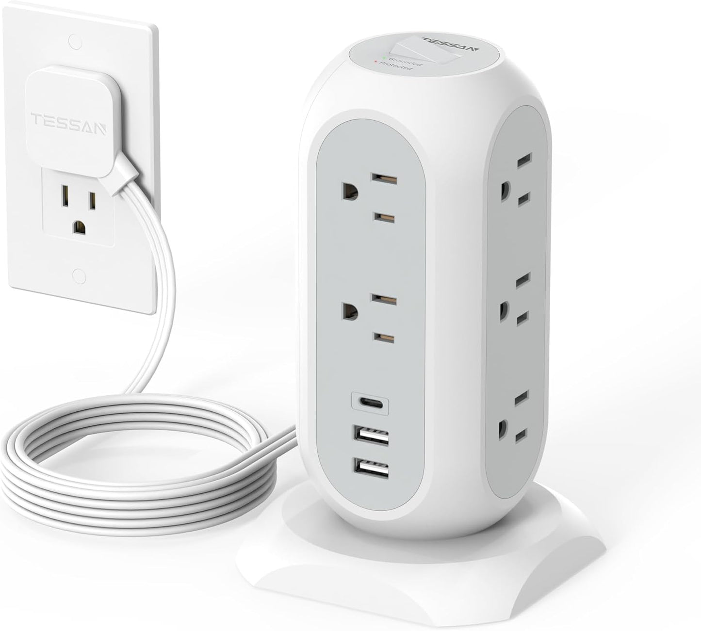Tower Power Strip Flat Plug with 11 Outlets 3 USB (1 USB C), TESSAN Surge Protector Tower 1625W/13A,1050J Protection, 6 Feet Extension Cord with Multiple Outlets, Office Desk Supplies, Dorm Essentials