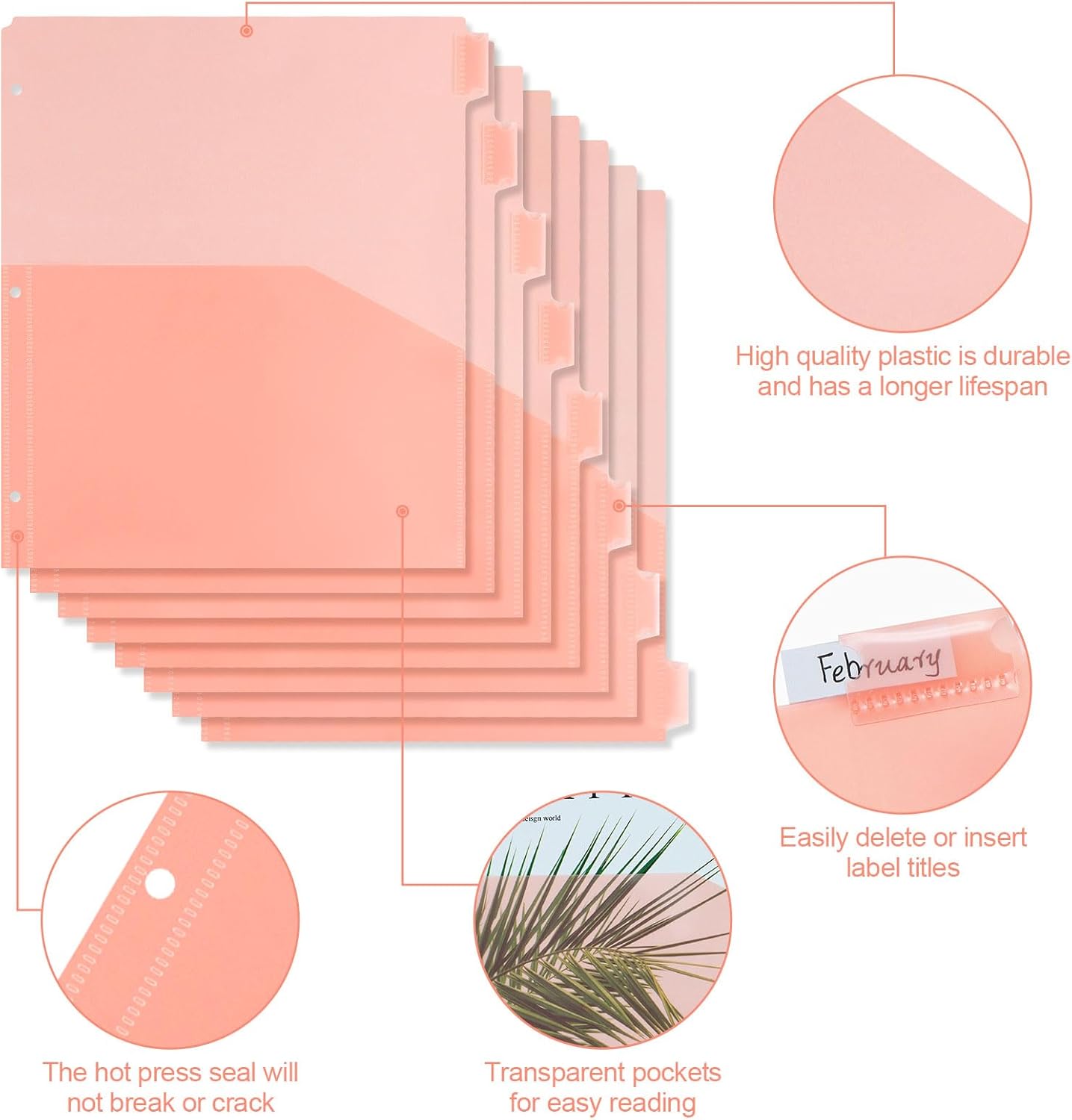 Koqye A4 Dividers for 3 Ring Binder, 8-Tab Purple Folder Dividers with Pockets, Durable Plastic Binder Dividers with Tabs, Plastic Binder Dividers for Binders (Orange - 1 Set)