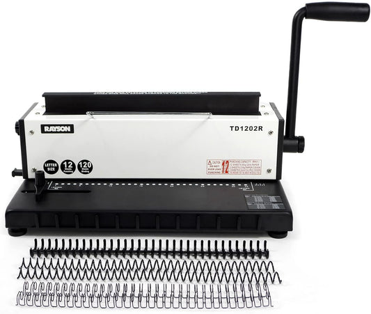 Rayson TD1202R Wire Binding Machine, 3:1 Pitch Round Hole Coil Binder Hole Punch, Compatible with Wire, Spiral, and Click Binding Spines, 32-Hole Punch, Punches 12 Sheets, Binds 120 Sheets