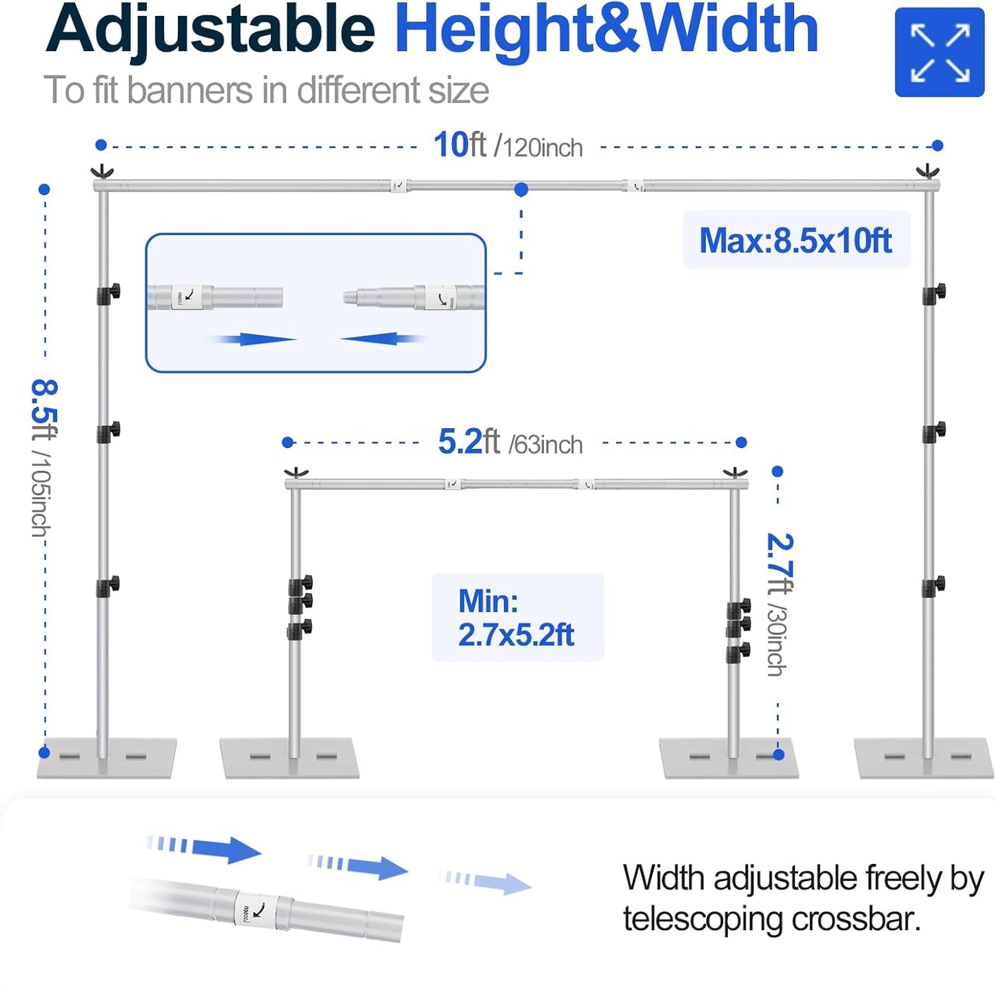 EMART Backdrop Stand, 8.5x10ft Width Adjustable Photography Background Support Poles with Heavy Duty Flat Base, Photo Metal Steel Pipe and Drape Frame Kit for Parties Birthday Wedding - Silver