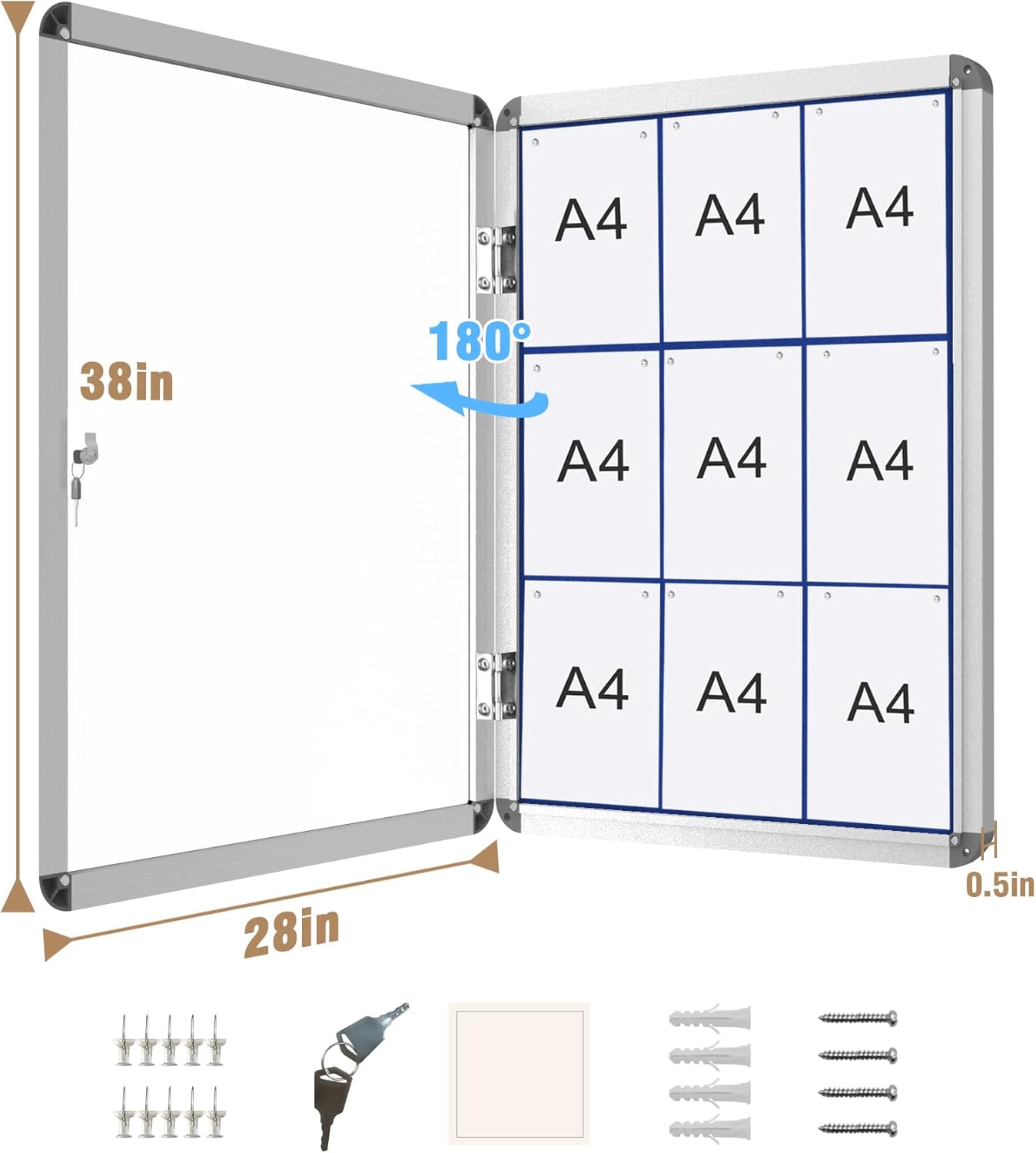 38"x28" Enclosed Bulletin Board, Lockable Weather-Resistant Aluminum Cork Noticeboard for School & Office, Silver Frame w/Blue Flet
