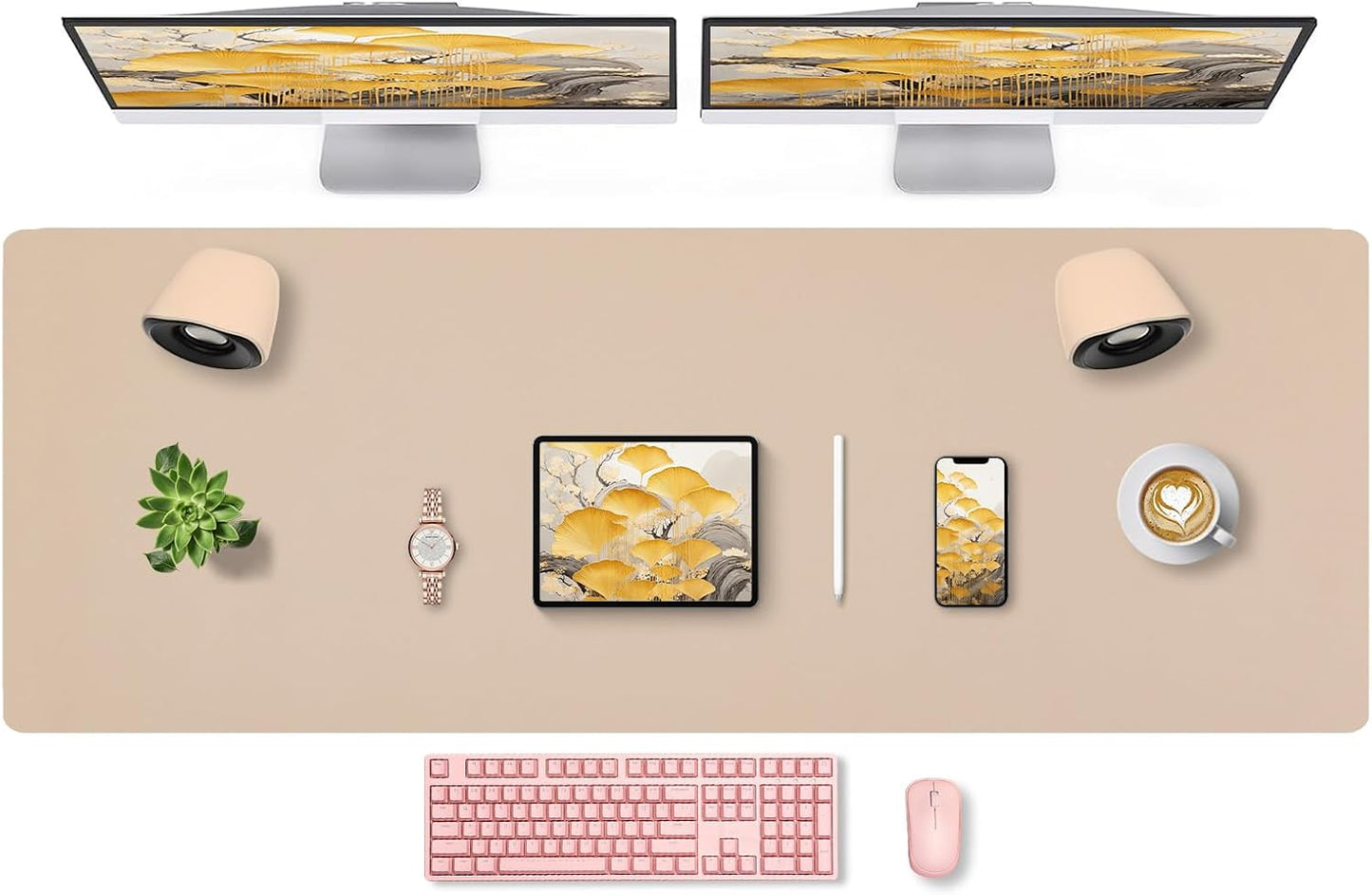 Bloss Extra Large Leather Desk Ma, 47.2" x 16.9" Non-Slip Dressing Table Cover Protector, Waterproof Student Study Desk Mat, Home Office Decor - Beige