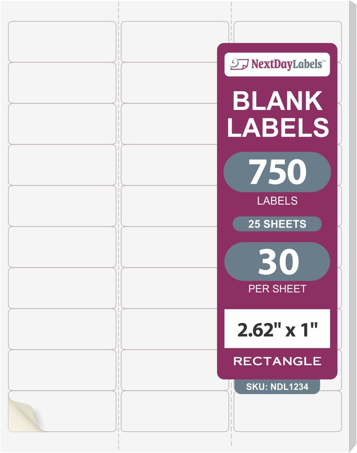 NextDayLabels - 2.5/8" x 1" Rectangular Sticker Labels for Printer - White Laser/Inkjet Printer Labels Return Address Labels Shipping Label Stickers (25 Sheets, 30 Per Sheet, 750 Labels)