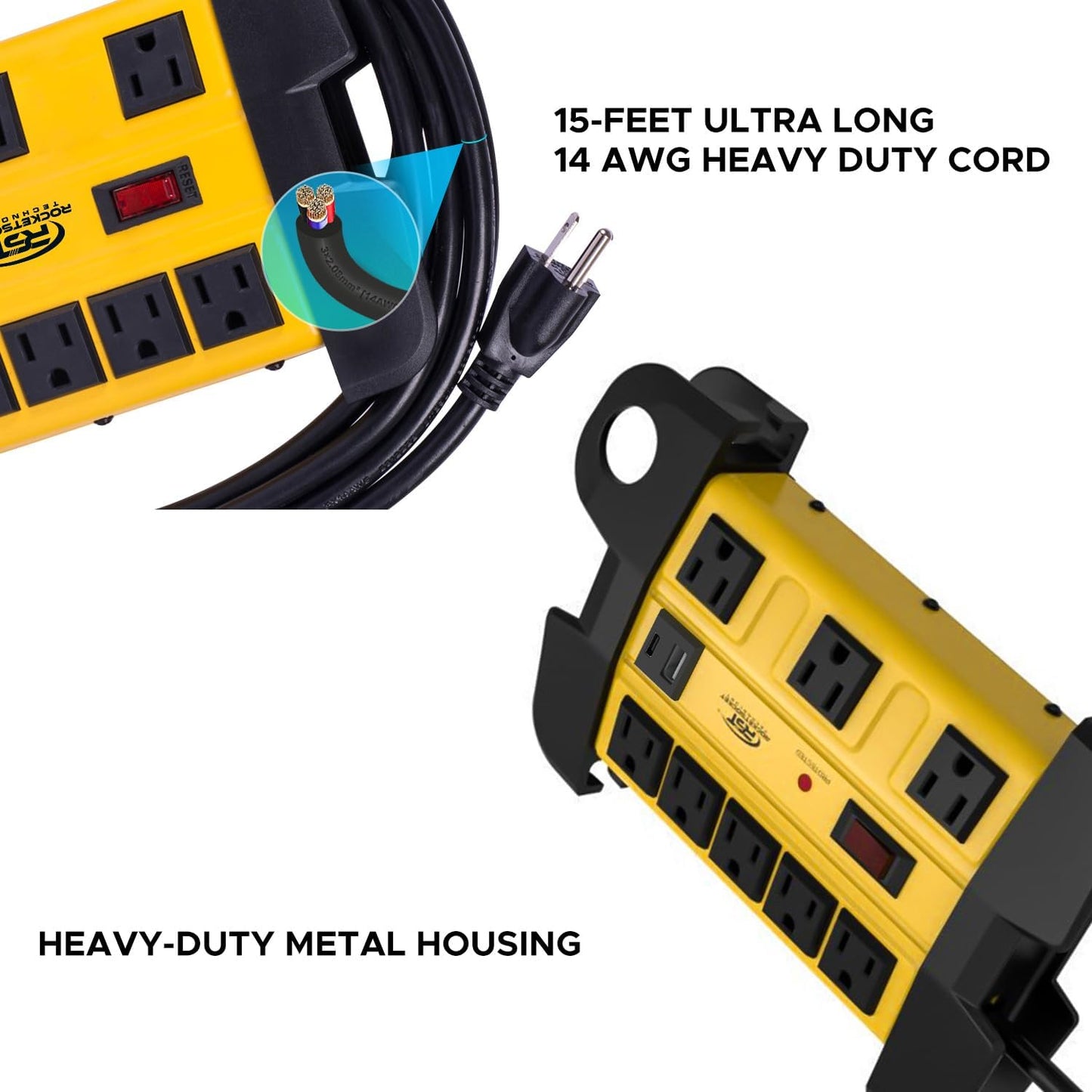 Heavy Duty Surge Protector Power Strip with USB-C Ports, CRST 8-Outlet Metal Industrial Power Block with 15A Circuit Breaker, 15ft Extension Cord, 1350 Joules for Workshop, Garage, Office, Shop…