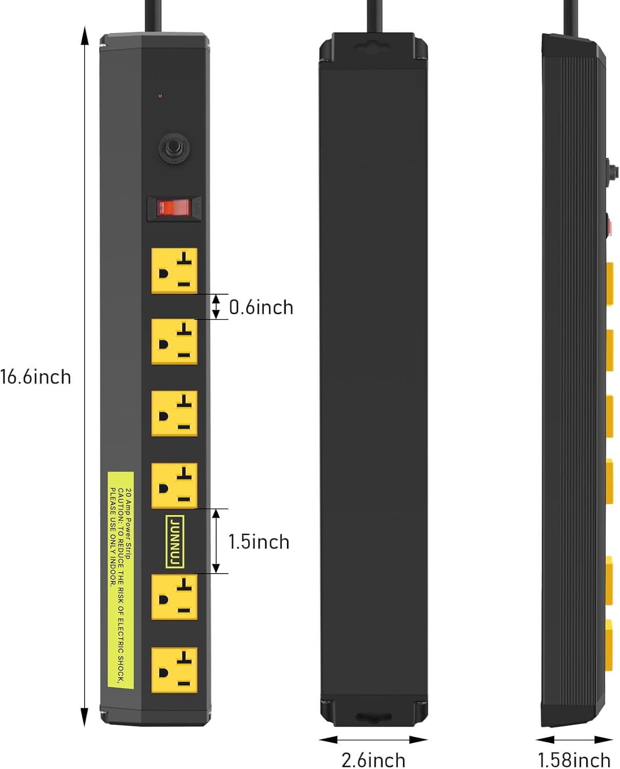 JUNNUJ Heavy Duty Metal Power Strip 20 Amp, High Amp Surge Protector 6 Outlet, 20A Power Strips Workshop Industrial Outlets Wide Spaced 6-20R T-Slot with Circuit Breaker, 12 Gauge Extension Cord 15ft