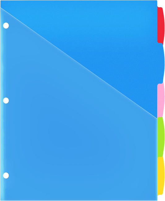 WOT I Durable 5-Tab Binder Dividers with Clear Pocket - 1 Set, Reusable Plastic Dividers for 3 Ring Binder, 5 Vibrant Colors