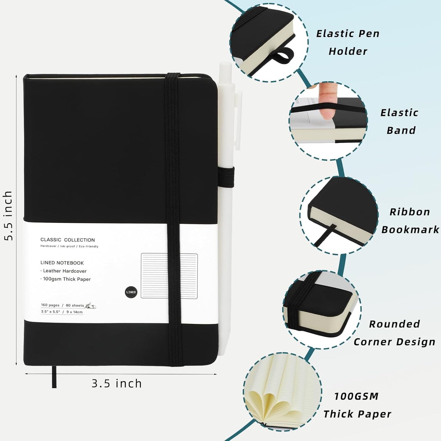 Coopay 12 Pack A6 Pocket Small Notebook with 12 White Pens Bulk Classic Hardcover Leather Journal Set with Pen Holder for Men Women Writing, Office, Home, School, Business, 100GSM, 3.5” x 5.5”, Black