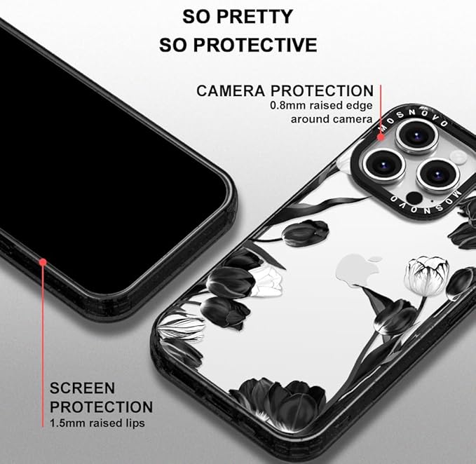 MOSNOVO Case for iPhone 16 Pro, [10ft 4X Military-Grade Drop Protection] Durable & Shockproof Phone Case Cover Design for iPhone 16 Pro - Black White Tulips - Clear Black