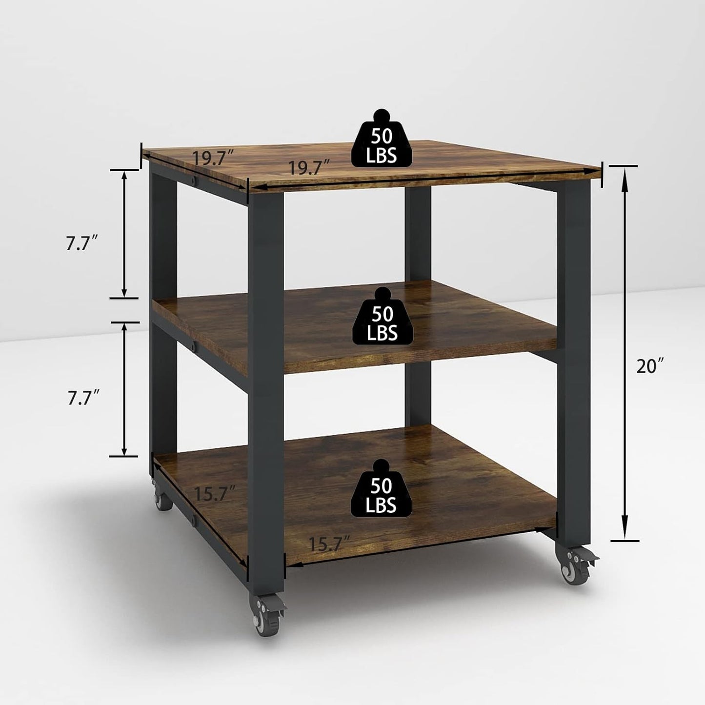 Natwind 3-Tier Laser Printer Cart,19.7''x19.7''x22.6'' Large Machine Stand,Heavy Duty Rolling Table with Storage,Floor-Standing Rack on Wheels,Paper File Organizer Shelf for Home Office (Retro)