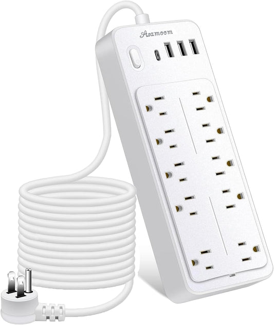 20FT Power Strips with Surge Protection 1625W/13A, 10 Outlets with 4 USB Ports (1 USB C) Long Extension Cord with Multiple Outlets 14-in-1 1700J 16Awg Flat Plug Power Strip Protector White ETL Listed