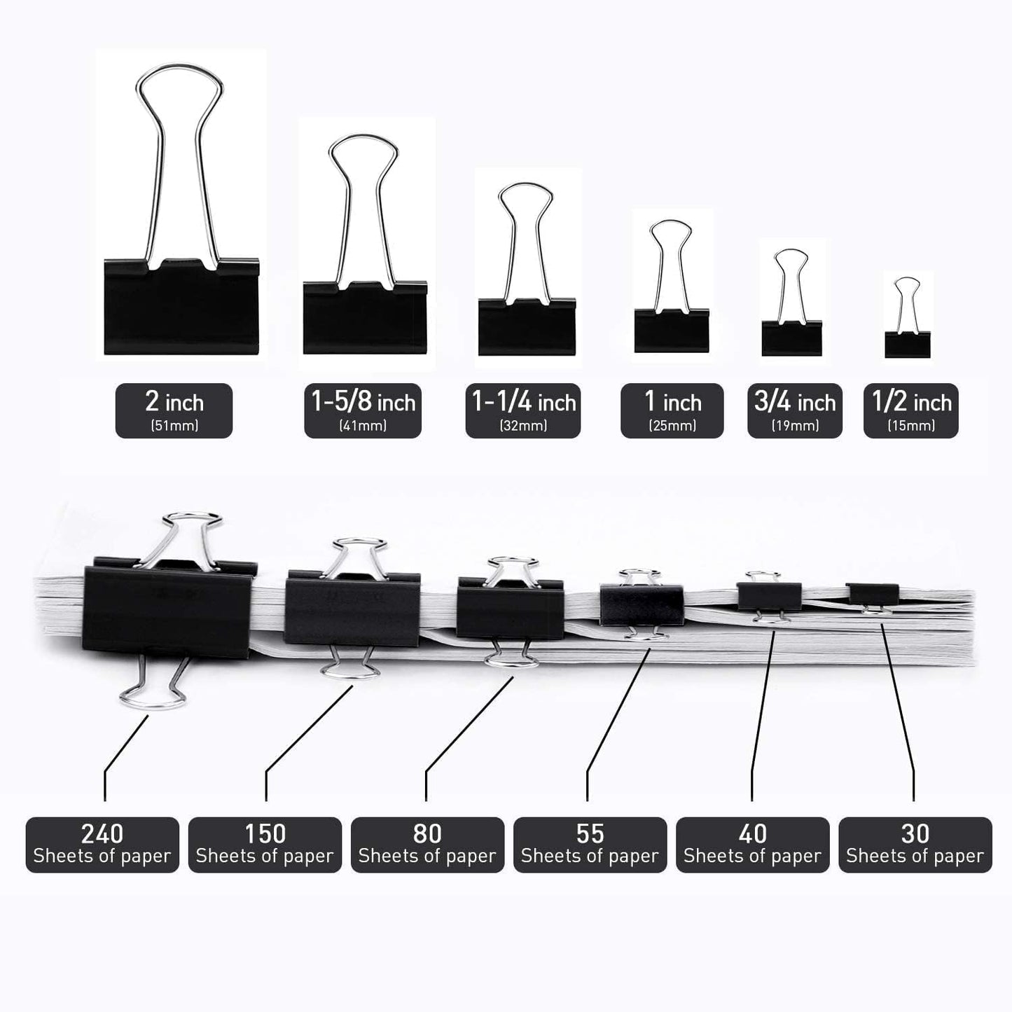 Medium Binder Clips, 144 Pack, 1-1/4 Inch, Black, Standard 32mm, Capacity 0.6 Inch, Metal Paper Clips, Office Clips, Fold Clamp, Office and School Supplies