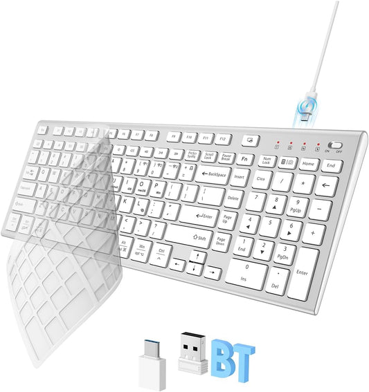 FENIFOX Wireless Keyboard, Bluetooth + USB Ergonomic Silent Quiet Rechargeable with Number Pad Compact Full Size Multi Device Keyboards for iPad Tablet Mac Computer Surface PC MacBook Laptop Silver