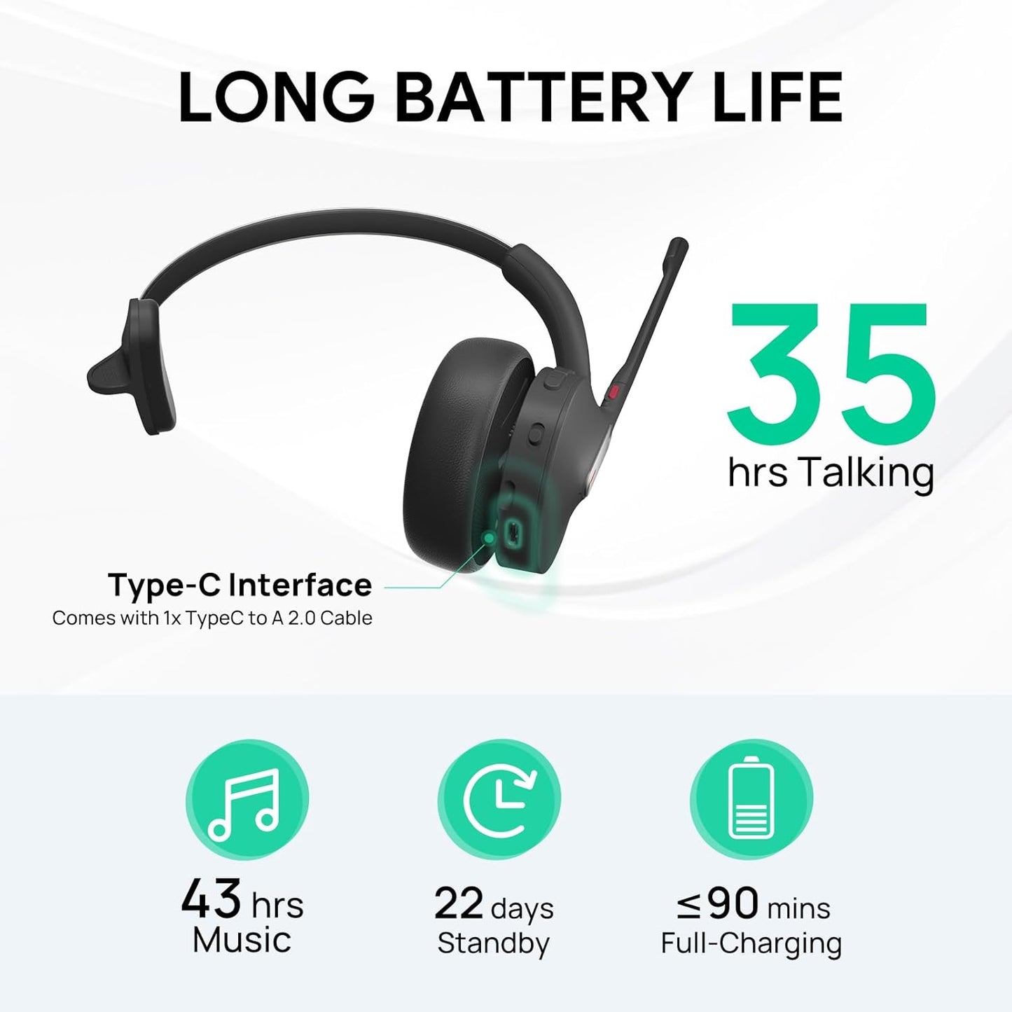 Yealink BH70 Mono Wireless Headset with Mic for Work, Bluetooth Headphone Teams Certified, up to 35h Talk Time, 91g Lightweight Comfort, USB-C to A