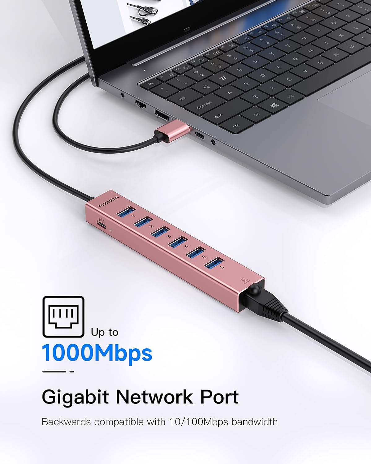 Aluminum USB 3.0 Adapter USB to Ethernet HUB with 120CM Long Cable for Laptop USB Extender with Gigabit Ethernet Port and 5V/3A Power Port 7 Ports USB Hub for iMac PC Flash Drives (Rose Gold)