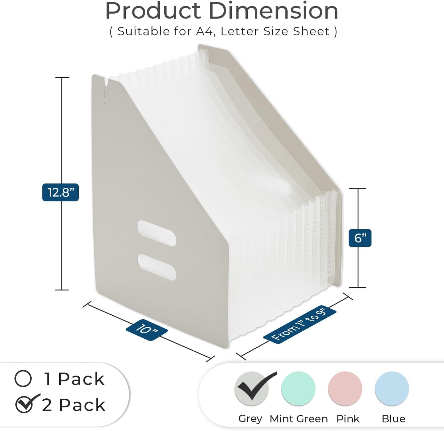Y YOMA 2 Pack Expanding Magazine Holder with 13 Pockets | Portable Desktop Plastic Self Standing Accordion File Organizer for A4 Letter Size Document Storage Home Office School, Grey