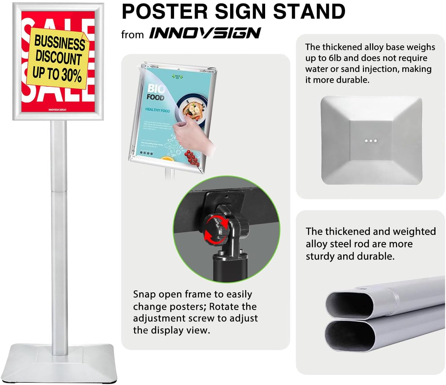 3Packs Heavy Duty Adjustable Pedestal Poster Sign Stand, 8.5x11 Aluminum Open Floor Standing Sign Holder for Vertical and Horizontal View Display (8.5x11,Silver)