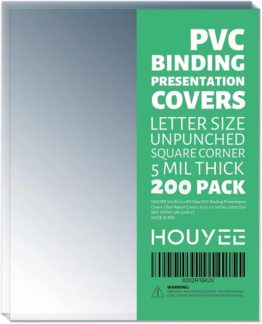 HOUYEE 200 Pack 5 Mil PVC Binding Presentation Covers, Clear Report Covers,8.5x11 Inches,Letter Size