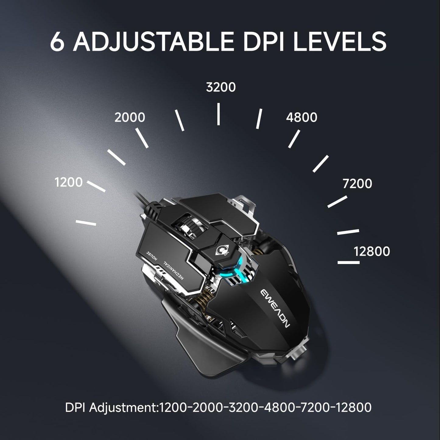 EWEADN G5 Wired Gaming Mouse, Ergonomic RGB Computer Mouse, 12800 Adjustable DPI, 9 Programmable Macro Buttons with Rapid Fire Key Compatible for PC/Laptop/Windows-Black&White