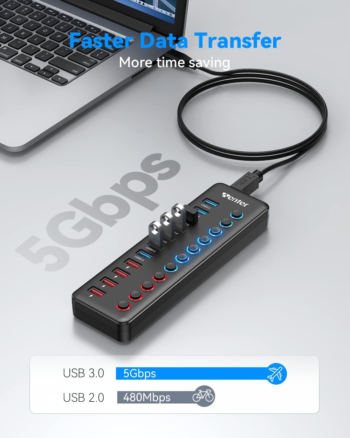 Powered USB 3.0 Hub, Wenter 11-Port Hub Splitter (7 Faster Data Transfer Ports+ 4 Smart Charging Ports) with Individual LED On/Off Switches, Power Adapter for Mac, PC