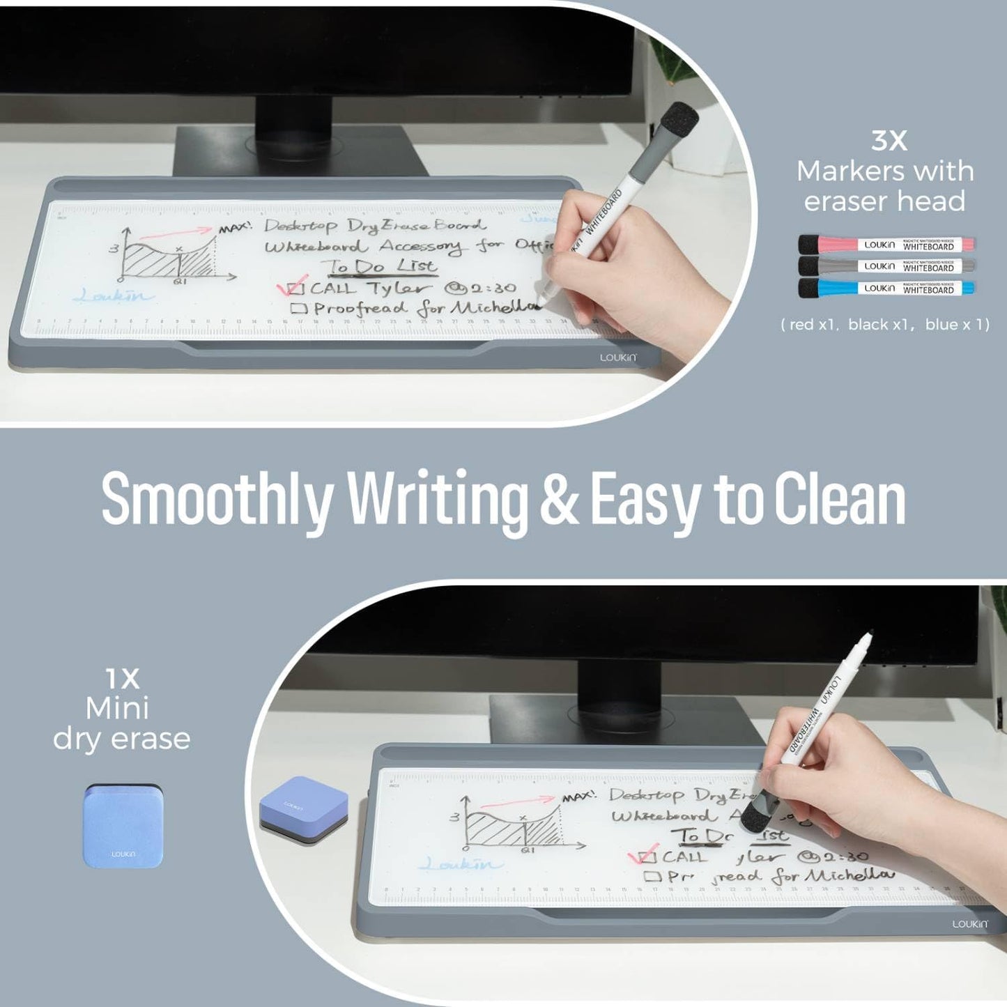 LOUKIN Glass Desktop Whiteboard, 15.3" x 5.6" Dry Erase Desk Board with Dotted and Graduated Surface, Desktop Buddy, Great for Design and Drawing, 3 Markers and 1 Dry Erase Eraser Included (Grey)